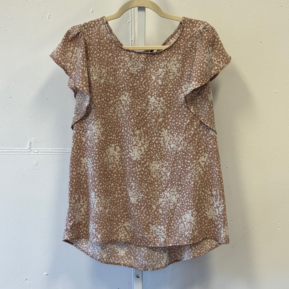 Gilli Womens Tan White Speckled Tie Back Flutter Sleeve Blouse AT1083 Size Large